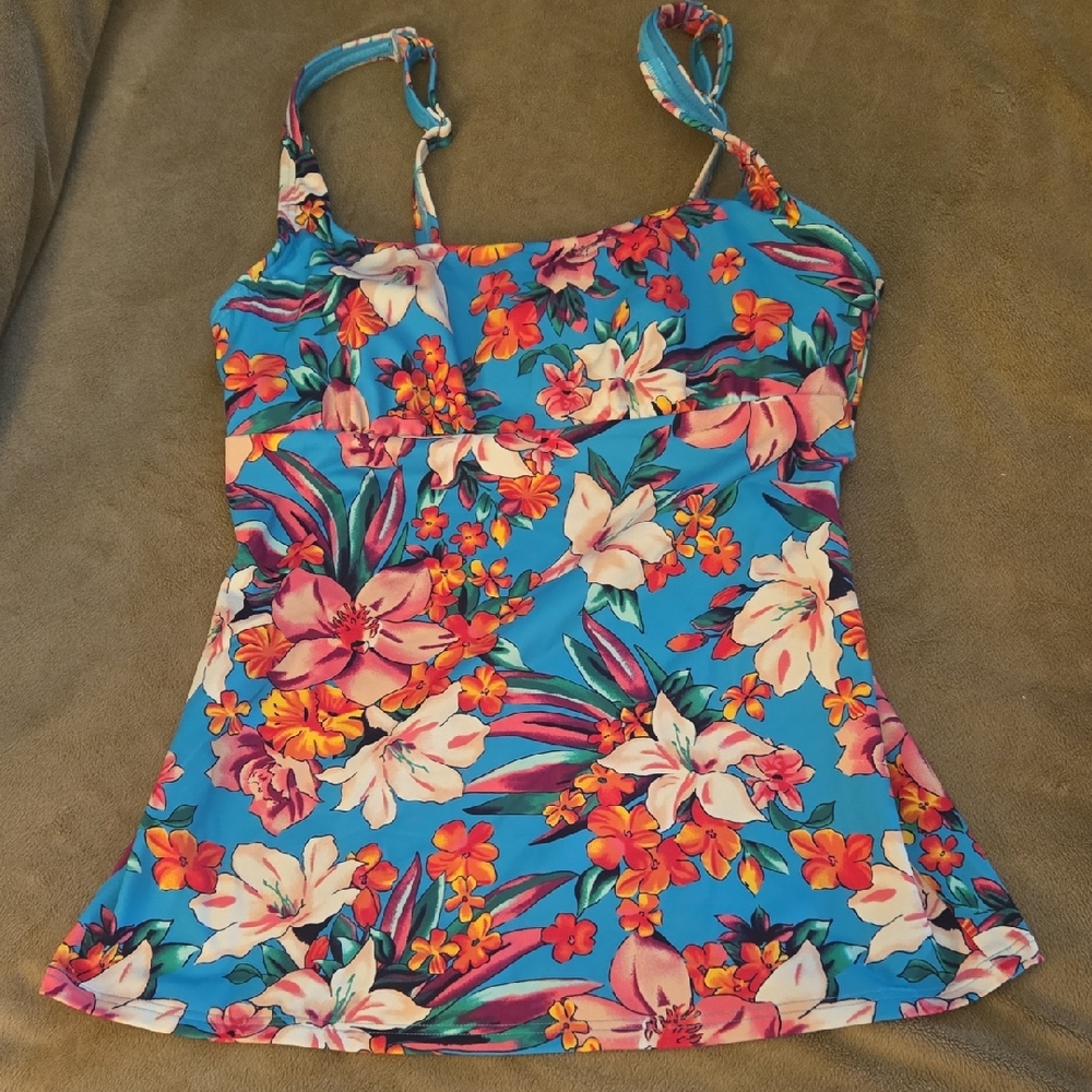 Lands' End Blue Floral Square Neck Underwire Tankini Swimsuit Top Size 2